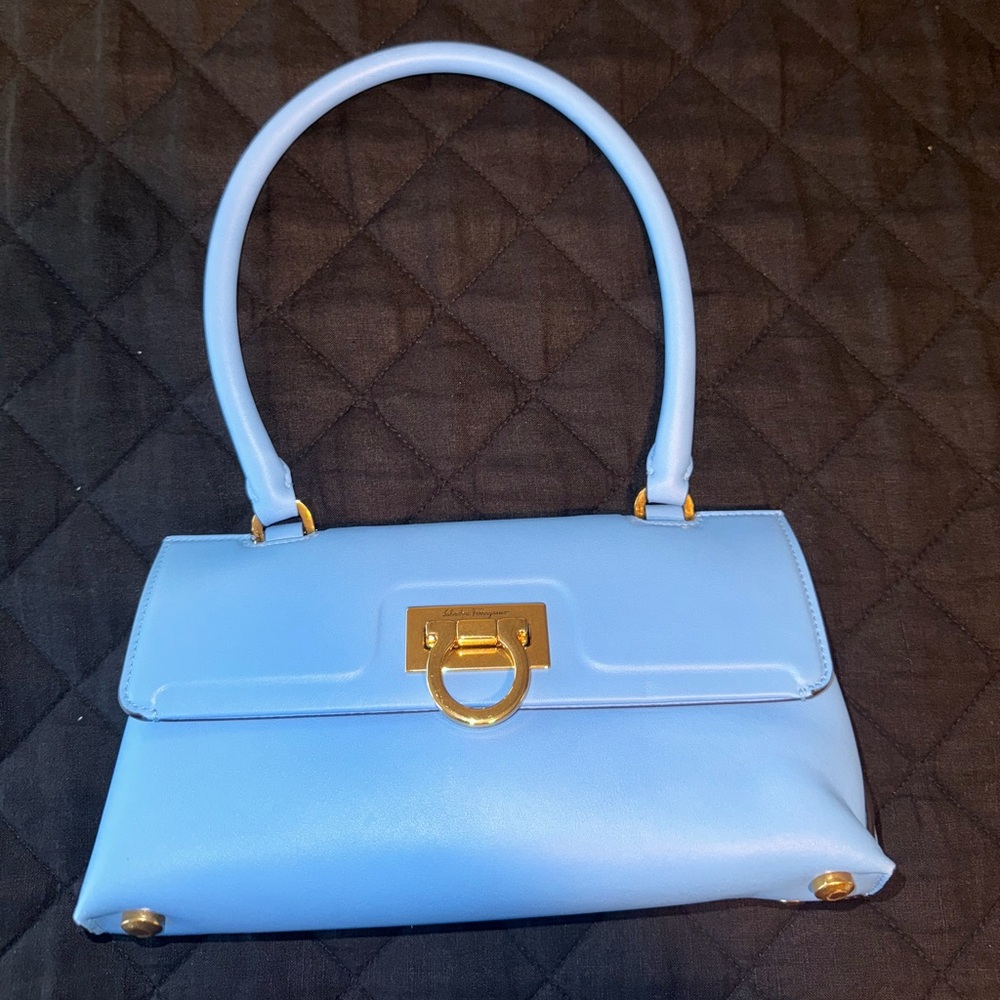 Salvatore Ferragamo Light Blue Shoulder Bag with Gold Accents